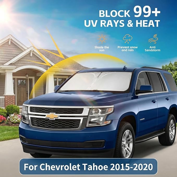 Windshield Sun Shade for Chevy/Chevrolet Tahoe Accessories 2015-2020 Front Window Shade Custom Fit Tahoe Sun Visor Foldable Shade Blocks UV Rays Summer Must Have Car Accessories