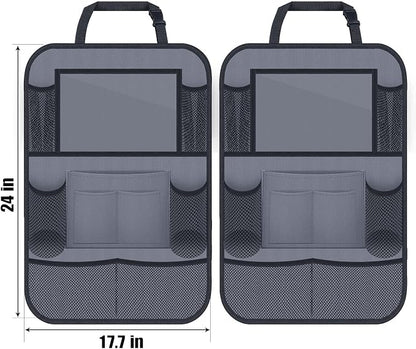 ULEEKA Car Backseat Organizer with 11" Table Holder, 10 Storage Pockets Seat Back Protectors Kick Mats for Kids Toddlers, Travel Accessories, 2 Pack, Gray