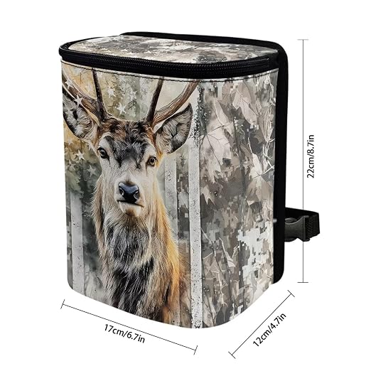 Talayituse Hunting Camo Elk American Flag Print Car Trash Can with Lid, Leak Proof Auto Trash Bag Hanging Vehicle Garbage Can Multipurpose Storage Container for Back Seat Road Trip