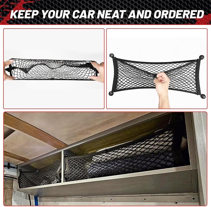 RED WOLF 2 Pcs Universal Elastic Mesh Netting Car Pouch for Trunk RV Boats Home Cargo Storage with Screws and Hooks (23.6'' x 9.8'')