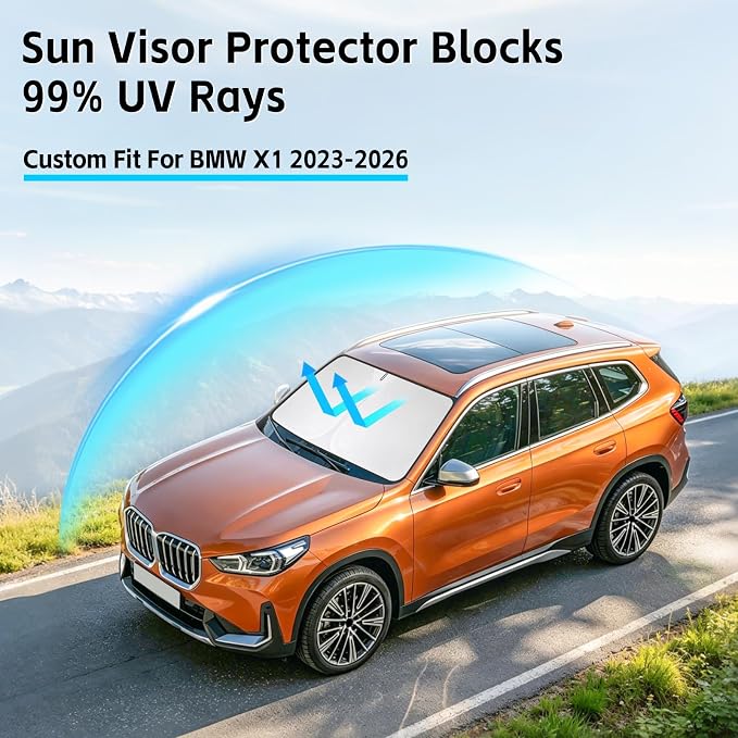 Windshield Sun Shade for BMW X1 2023-2026 Sunshade 300T Windshield Cover Shield Protector Blocks UV Rays Custom Fit X1 Front Window Shades Windshield Accessories Keep Cool Foldable