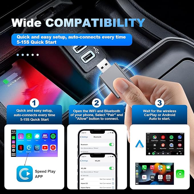 2 in 1 Mini Android Auto and Wireless CarPlay Adapter Convert Factory Wired to Wireless Dongle, USB CarPlay Wireless Stick AAndroid Auto Adapter for iOS 12+/Android No Delay