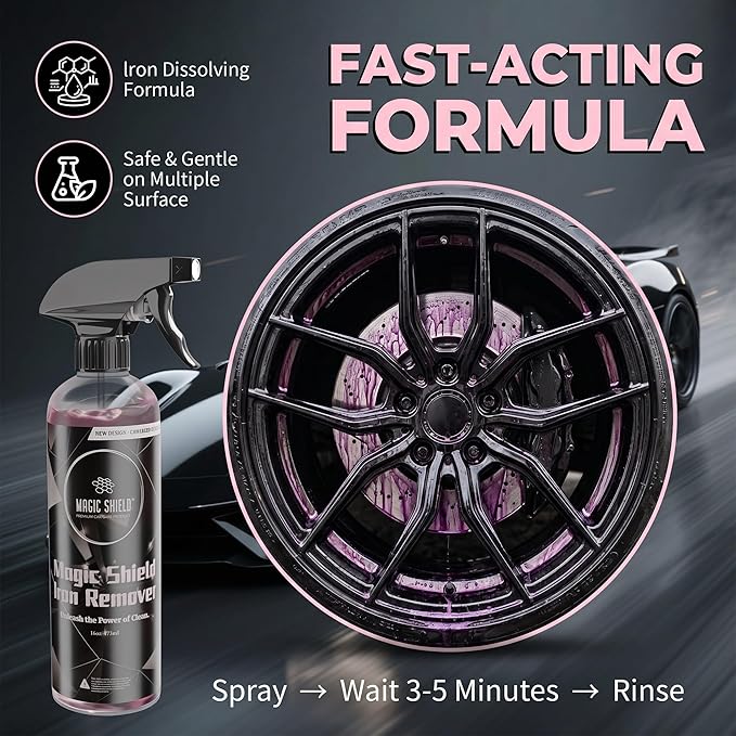 Magic Shield Iron Remover Spray for Cars 68oz – pH-Neutral Iron and Fallout Remover for Car, Motorcycle, RV & Boat | 5-Minute Reaction, Effective on Wheels & Paint | All-In-One Solution