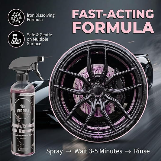 Magic Shield Iron Remover Spray for Cars 16oz - pH-Neutral Iron and Fallout Remover for Car, Motorcycle, RV & Boat | 5-Minute Reaction, Effective on Wheels & Paint | All-In-One Solution