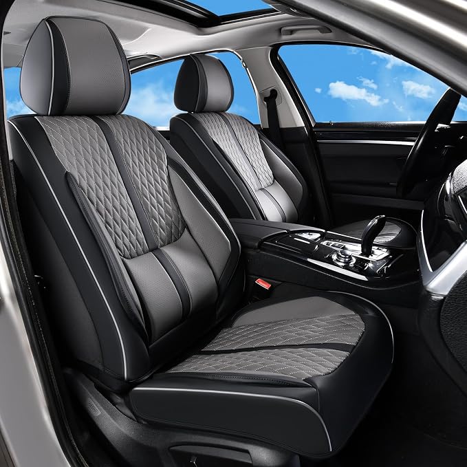 Huidasource Car Seat Covers Front Seats, Luxury Nappa Leather Front Seat Covers with Airbag, Lumbar Support, Cooling＆Heating, Seatbelt Buckles, Universal Fit for Most Cars SUV Trucks, Black＆Gray