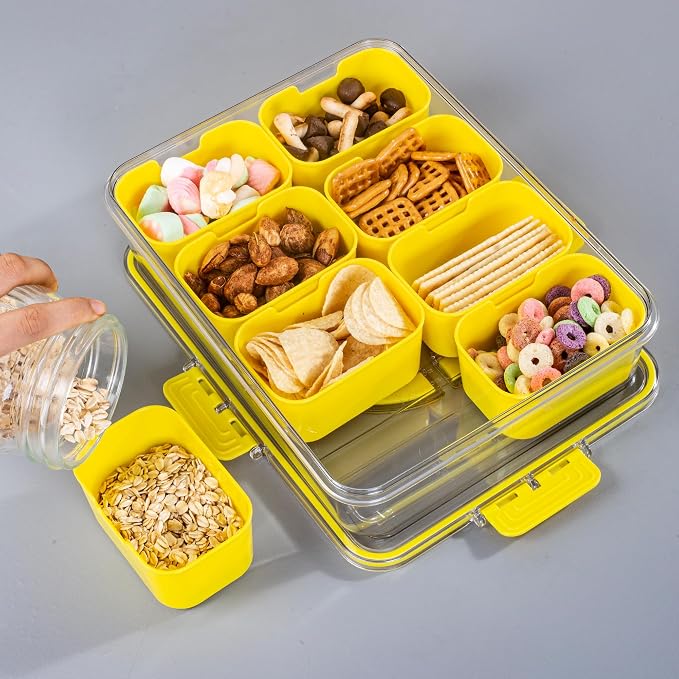 WACOI Divided Snack Serving Tray with Lid and Handle Travel Snackle Charcuterie Container Portable Storage Organizer for Candy, Fruits, Nuts, Snacks, Party, Picnic (1pack, Yellow)