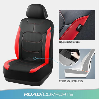 Road Comforts Seat Covers, Premium Leather Car Seat Covers Full Set,Airbag Compatible, Automotive Seat Covers Universal Fit Most Cars,Vans,Truck,SUV, Red