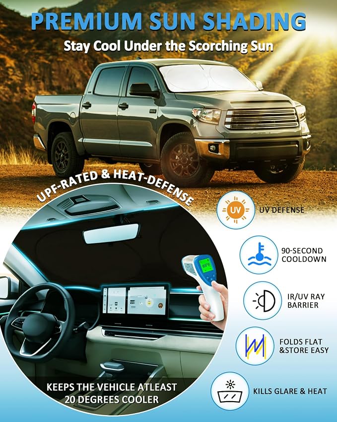 Sun Shade for Toyota Tundra Windshield Sunshade fit for Tundra 2007-2020 2021 Limited SR5 Platinum TRD Pro Pickup Accessories Front Window Shield Windshield Cover Sun Visor Protector