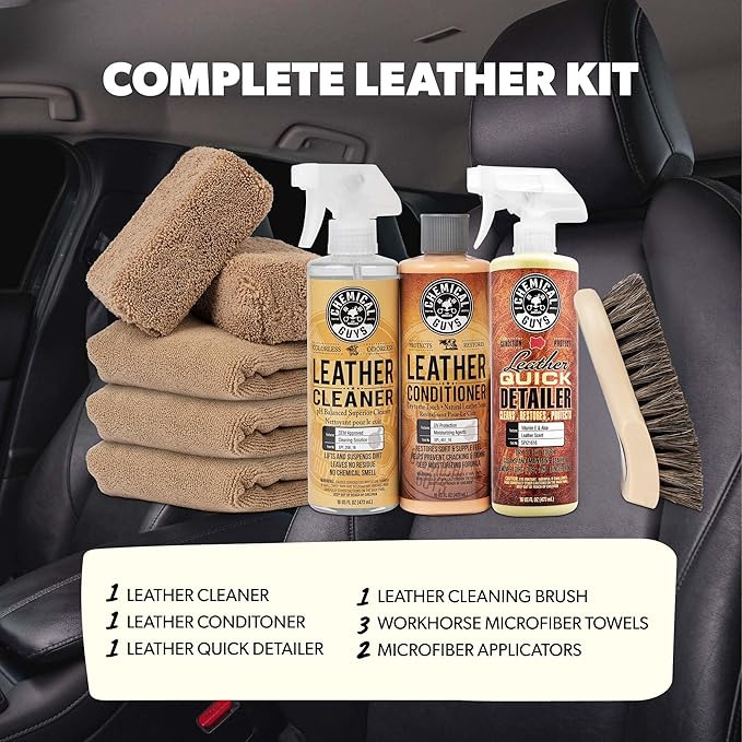 Chemical Guys Leather Cleaner and Conditioner Detailing Kit - Leather Care Kit For Natural, Synthetic, Faux, Pleather, and More for Car Interiors, Apparel, Furniture, Boots & Accessories - 9 Items