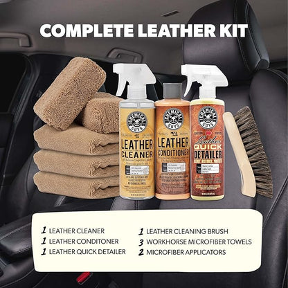 Chemical Guys Leather Cleaner and Conditioner Detailing Kit - Leather Care Kit For Natural, Synthetic, Faux, Pleather, and More for Car Interiors, Apparel, Furniture, Boots & Accessories - 9 Items