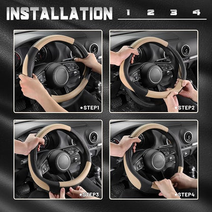 SEG Direct Car Steering Wheel Cover for Prius Civic Model 3 Model Y Camaro, Small Size 14-14.25 inch, Black and Beige Microfiber Leather