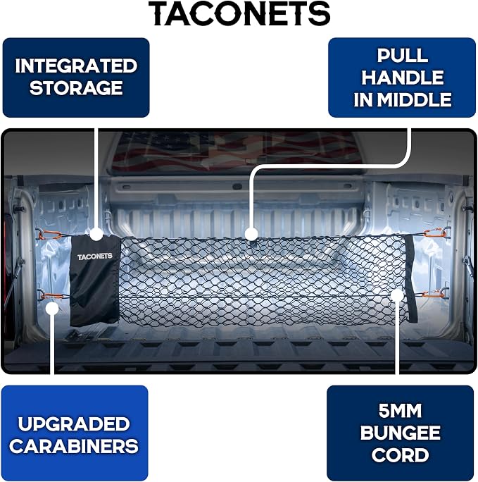 TacoNets Envelope Cargo Net for Colorado/Canyon - Fits 2023-Current - Upgraded 5mm Bungee - Integrated Storage Bag - Heavy Duty Carabiners - Designed in USA