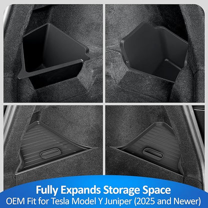 GEEDAR Tesla Model Y Juniper Trunk Organizer Set, 2 Trunk Storage Bins with TPE Lid + 2 Rear Trunk Organizer Hooks, Rear Trunk Side Storage Box for Model Y Juniper 2025 2026 Interior Accessories