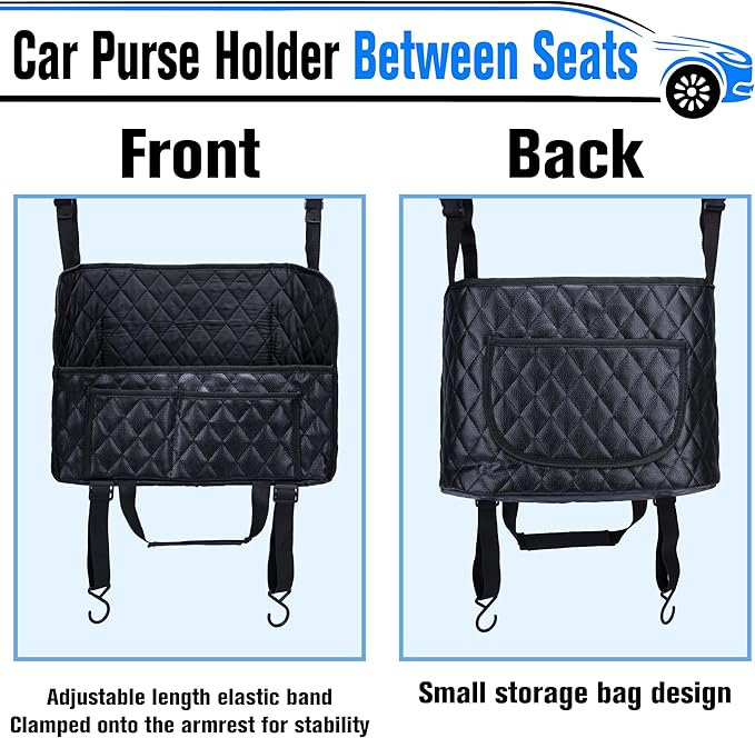 BFXM Car Purse Holder Between Seats, Leather Auto Front Seat Handbag Organizer Pocket, Large Capacity Car Net Pocket Handbag Holder, Backseat Barrier Storage Bag Fits for Car, Truck, SUV