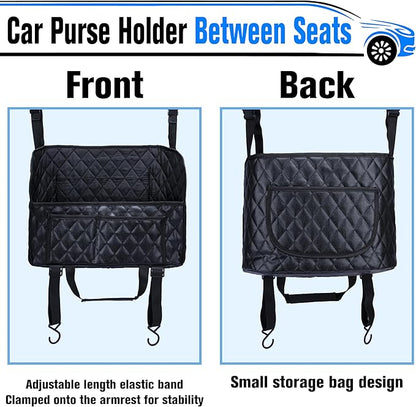BFXM Car Purse Holder Between Seats, Leather Auto Front Seat Handbag Organizer Pocket, Large Capacity Car Net Pocket Handbag Holder, Backseat Barrier Storage Bag Fits for Car, Truck, SUV