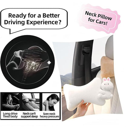 Car Headrest Pillow 2PCS Plush Bear ＆ Bunny Car Seat Headrest Pillow - Memory Foam Neck Support Cushions for Comfortable Driving, Easy Install & Washable (Bear+Rabbit)