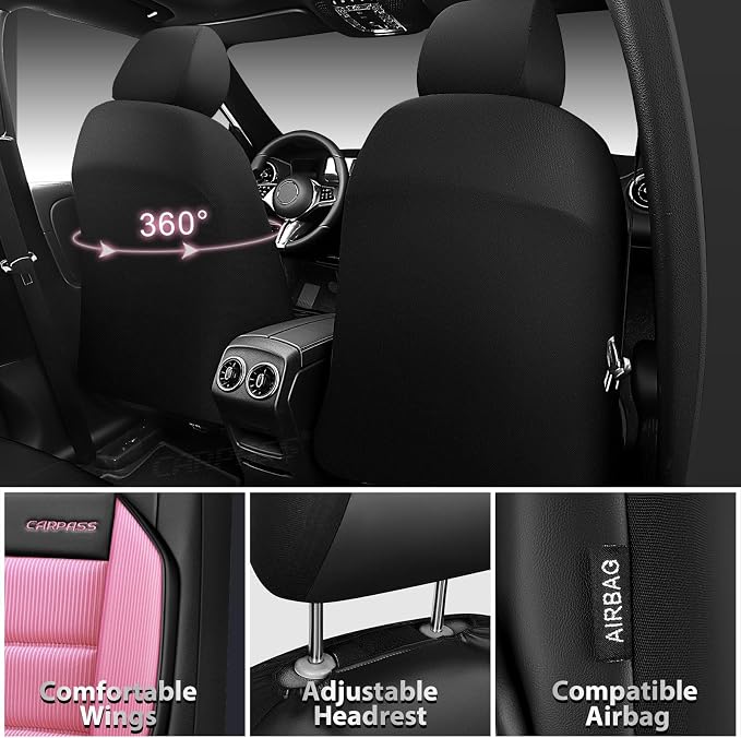 CAR PASS Memory Foam Seat Covers Full Sets, Airy Cool Mesh Thick Car Seat Covers Women, Leather Car Seat Covers 5 Seats Airbag Compatible, Universal Automotive Comfort for Cars, Trucks, SUV, Pink