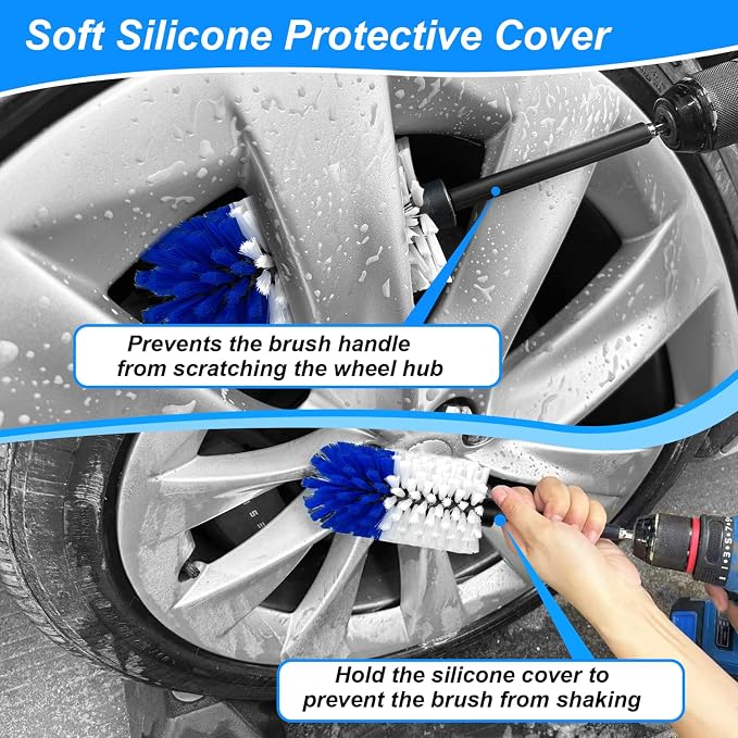 Wheel Brush Kit, Soft Drill Wheel Cleaner Brush, No Scratches Highly Dense Car Cleaning Brush Set for Wheels, Rims, Engines, Exhaust(Blue/White,2Pcs)