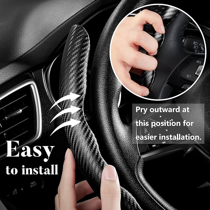 Steering Wheel Cover Carbon Fiber Car Steering Wheel Cover Accessories 14.5-15 inch Universal (Black)