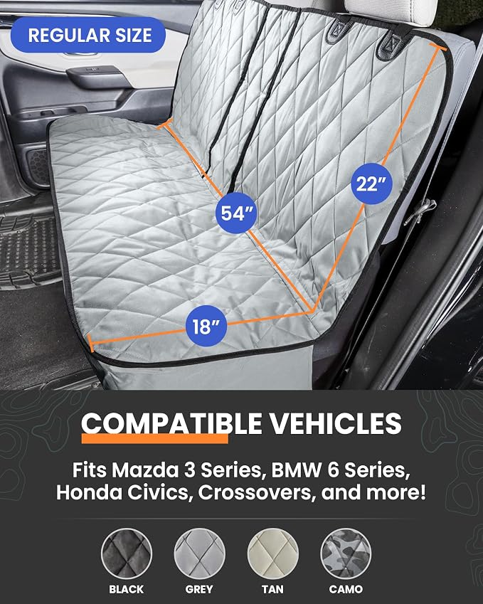 4Knines Dog Seat Cover for Back Seat, Heavy Duty Waterproof Rear Seat Protector for Small Trucks, SUVs, Cars - Fits 60/40 Split Bench with Middle Seat Belt, Non-Slip Dog Backseat Cover (Regular, Grey)