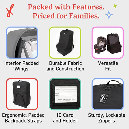 J.L. Childress Padded Backpack Car Seat Bag - Car Seat Travel Bag for Airplane, Cover Fits Most Baby & Infant Carriers & Boosters, Airport Accessories for Gate Check or Baggage Check - Ultimate, Black