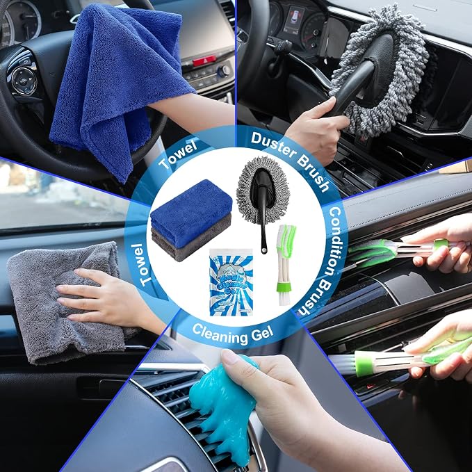 20Pcs Car Cleaning Wash Kit Interior Detailing Cleaner Kit with High Power Handheld Vacuum, Brush Set, Windshield Tool, Duster, Towels, Complete Car Care Tools, Blue