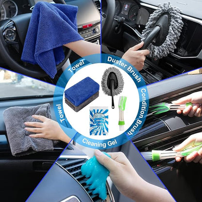 20Pcs Car Cleaning Wash Kit Interior Detailing Cleaner Kit with High Power Handheld Vacuum, Brush Set, Windshield Tool, Duster, Towels, Complete Car Care Tools, Blue