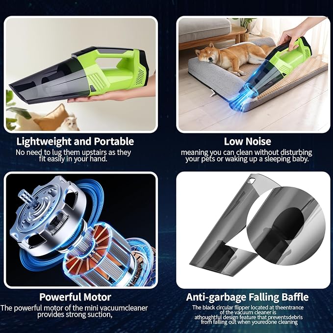Cordless Car Vacuum: Portable Handheld Vacuum with LED Light, High Power Suction, Lightweight Rechargeable Hand Vacuum Cleaner for Car, Home, Office, and Pet Hair - Green