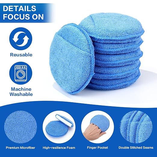 6 Pack Microfiber Wax Applicator Pads, Car Wax Applicator with Finger Pocket, Detail & Polishing Foam Pad for Car Cleaning and Best Polishing (5 inch)