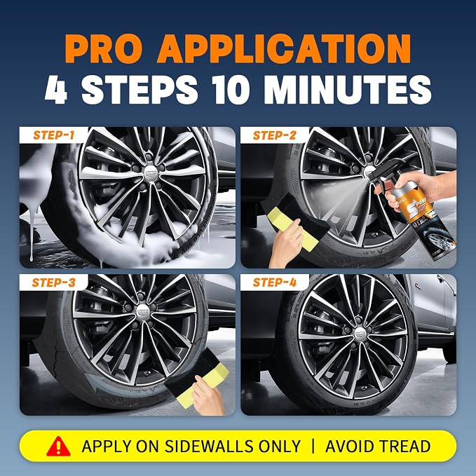 Tire Shine Spray Kit - Restore Deep Black Shine, Non-Greasy Finish, Prevents Fading & Cracking, Easy Apply with Brush 10.15 fl oz