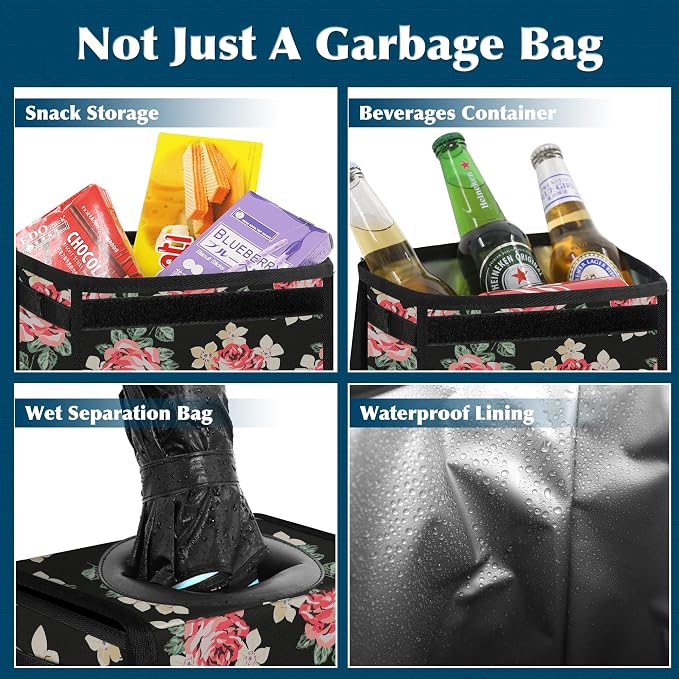 Femuar Car Trash Can Leak Proof Car Trash Bag Waterproof Car Garbage Can with Lid for SUV Front Seat Multipurpose Car Hanging for Headrest Collapsible and Portable with Storage Mesh Pocket, Flower