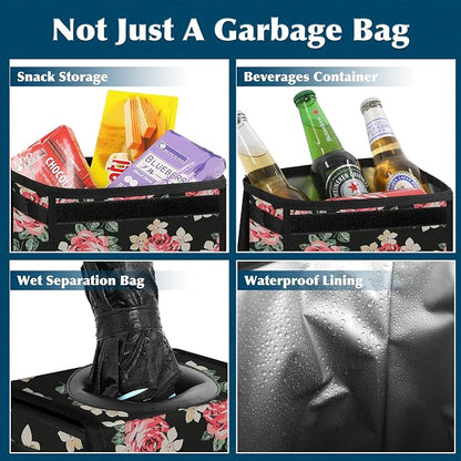 Femuar Car Trash Can Leak Proof Car Trash Bag Waterproof Car Garbage Can with Lid for SUV Front Seat Multipurpose Car Hanging for Headrest Collapsible and Portable with Storage Mesh Pocket, Flower