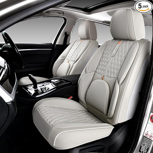 Light Gray Car Seat Covers, Universal Fit for Most Vehicles, Premium Waterproof Leather, Pet-Friendly Car Seat Covers with Lumbar Support, Slip-Resistant, Airbag-Compatible, Protects Car Interior