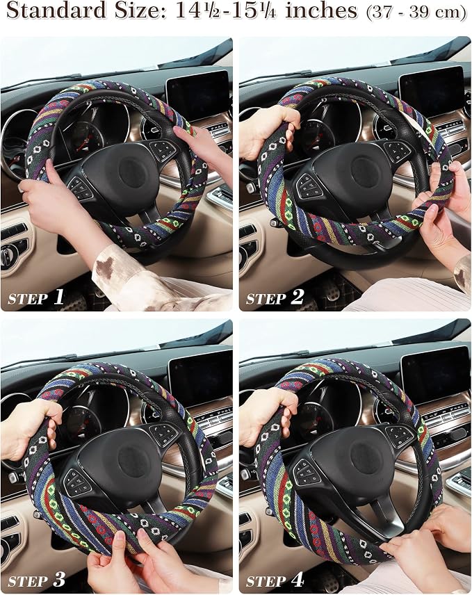 SEG Direct Boho Steering Wheel Cover with Baja Blanket Cloth, Ethnic Style Auto Wheel Cover Made of Coarse Flax, Fits 14 1/2-15 1/4 inches Car Wheel