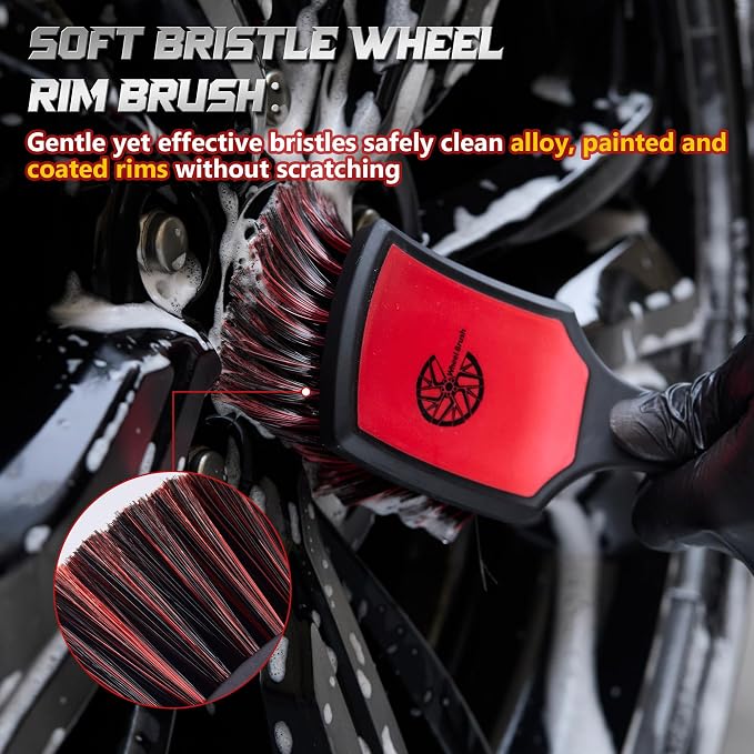 BMLEI Wheel & Tire Brush Set, 2 Pack Car Wheel Brush & Tire Cleaner Brushes, Soft Bristle Rim Brush and Stiff Tire Scrub Brush, Scratch-Free Wheel Cleaning Kit for Car Detailing, Trucks, SUVs