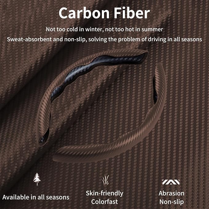 Carbon Fiber Steering Wheel Cover, 2-Piece Set Anti-Skid Comfortable Grip Segmented Butterfly Design, Easy Snap-On Installation Universal Fit 99% Cars, Brown