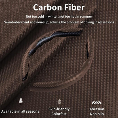 Carbon Fiber Steering Wheel Cover, 3-Piece Set Anti-Skid Comfortable Grip Segmented Butterfly Design, Easy Snap-On Installation Universal Fit 99% Cars, Brown
