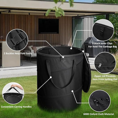 24 Gallons Collapsible Trash Can with Gloves, Camping Trash Can with Lid, Pop Up Garbage Can for Outdoor, Large Capacity Leaf Bags for Yard, Lawn, Reusable Garden Garbage Bag - Black