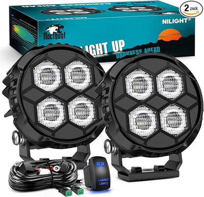Nilight LED Pod Light 2 PCS 3.1 Inch 20W 4 LED Round Hyper Flood Beam Offroad Driving Lights w/18AWG Rocker Switch Wiring Harness Kit for Truck Motorbike Boat ATV UTV