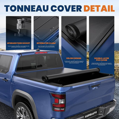 KUIPERAUTO 6FT Soft Roll-Up Vinyl Truck Bed Tonneau Cover Compatible for Nissan Frontier 2005-2026 Fleetside Bed On Top 72Inch