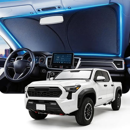 DMJN Front Windshield Sun Shade for Toyota Tacoma (2016-2023), [Nano Ice-Crystal Coatings] UPF50+ Heat & UV Block, Protect Car Interior & Keep Cool, Flodable Steel-Ring Car Cover for Summer