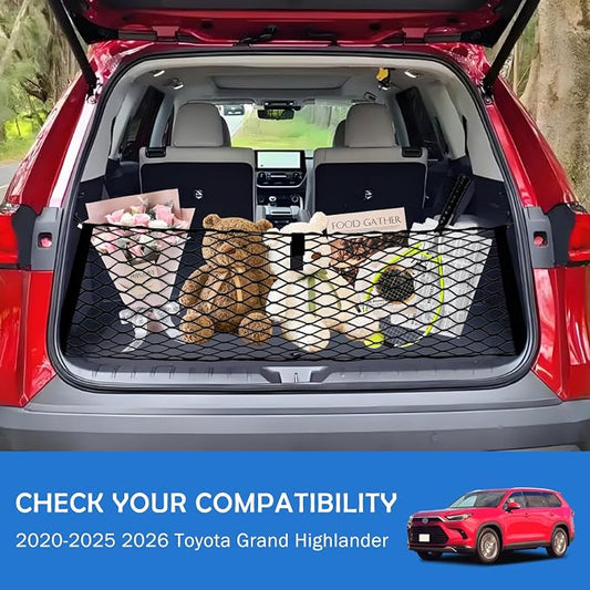 Envelope Style Cargo Net for 2020-2025 2026 Toyota Grand Highlander Accessories, Trunk SUV Mesh Cargo Net, Upgraded 5mm Bungee&Double-layer Nylon Storage Tailgate Netting Grocery&Tool Holder Organizer