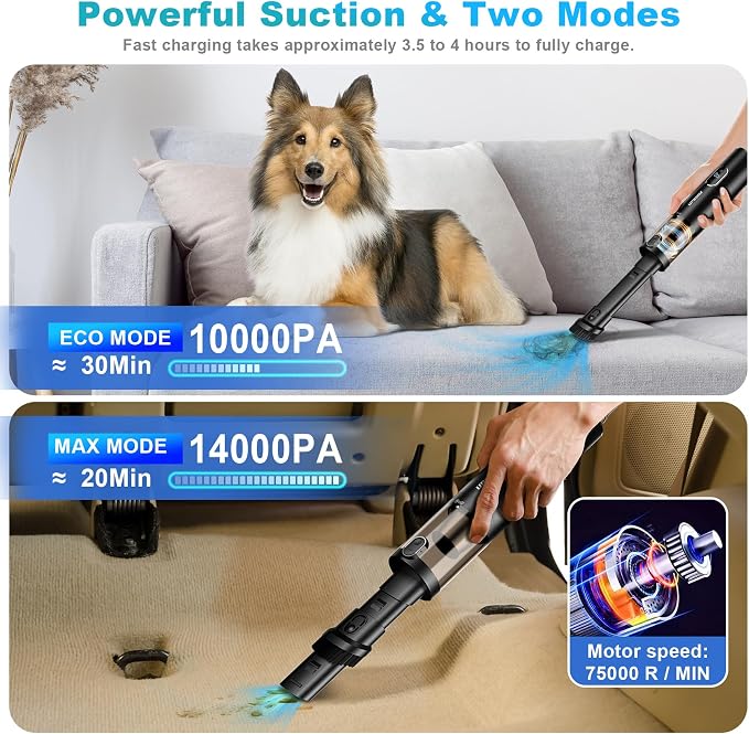 Upbooz Handheld Vacuum Cordless, Car Vacuum with 14000PA Powerful Suction with LED Light, Air Duster 2-in-1,Low Noise Rechargeable Portable Mini Vacuum Cleaner for Car Home Pet Office,Two Gears