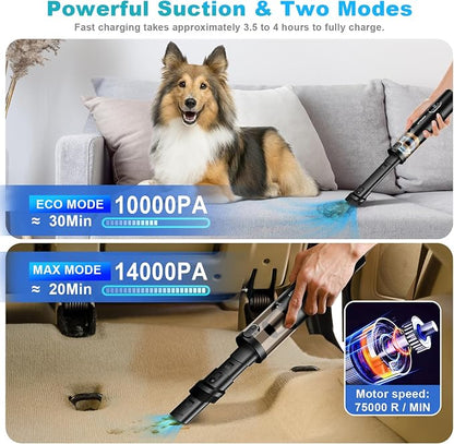 Upbooz Handheld Vacuum Cordless, Car Vacuum with 14000PA Powerful Suction with LED Light, Air Duster 2-in-1,Low Noise Rechargeable Portable Mini Vacuum Cleaner for Car Home Pet Office,Two Gears