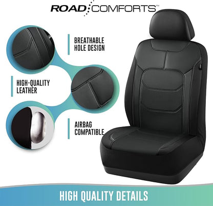 Road Comforts Seat Covers, Premium Leather Car Seat Covers Full Set,Airbag Compatible, Automotive Seat Covers Universal Fit Most Cars,Vans,Truck,SUV, Black