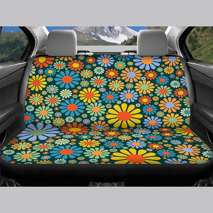 Colorful Hippie Flower Car Seat Covers Full Set,Abstract Tropical Floral Pattern Cute Vehicle Front Rear Bench Cushion Protectors Auto Interior Accessories Universal Fit for Trucks Sedans