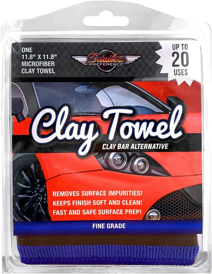 Detailer's Preference Microfiber Clay Towel, Fine Grade, Reusable Alternative to Clay Bars for Car Detailing, Removes Overspray, Rail Dust, Tar, Sap, and More 12"x12", Blue