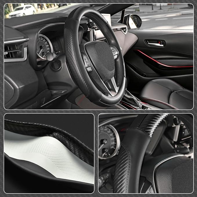 SEG Direct Car Steering Wheel Cover Small Size 14"-14 1/4" Black | For Model 3 Model Y Prius Civic Camaro Rogue, Non-Folding Packaging, Heavy duty, Microfiber Leather Carbon Fiber Pattern