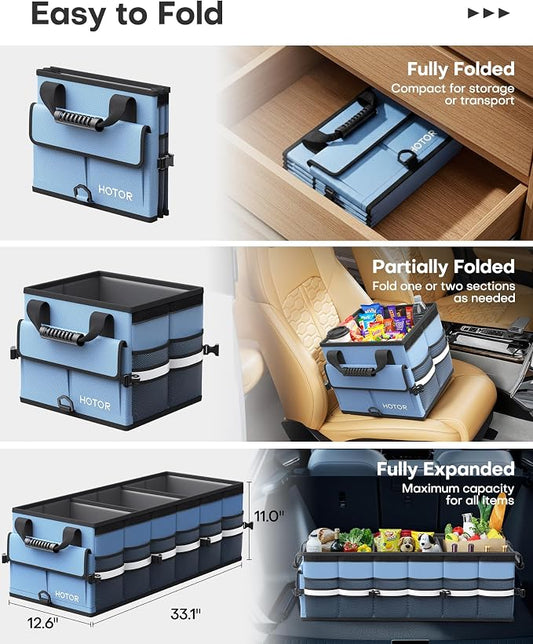 HOTOR Car Trunk Organizer - Trunk Organizer for SUV with Removable Cooler Bag, Foldable Cover, 3 Compartment Car Storage Essential Car Accessories for Truck, Van & Sedan, Blue, 33.1" x 12.6" x 11.0"