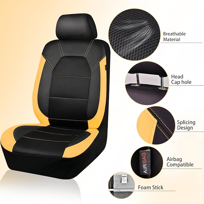 CAR PASS Leather Seat Covers, Breathable Universal Car Seat Cover Full Set for Cute Women Girly,5mm Composite Sponge Inside,Airbag Compatible Fits Most Auto,SUVs,Trucks,Vans(Full Set,Black&Yellow)